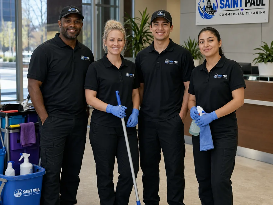 Small commercial cleaning team in uniform standing in a well-lit office lobby with cleaning tools and carts staged professionally