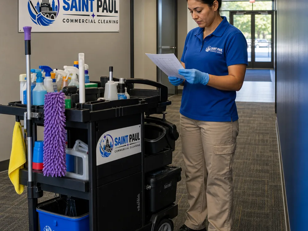 Cleaning cart and supplies staged neatly in a commercial building hallway with a technician checking a printed cleaning checklist